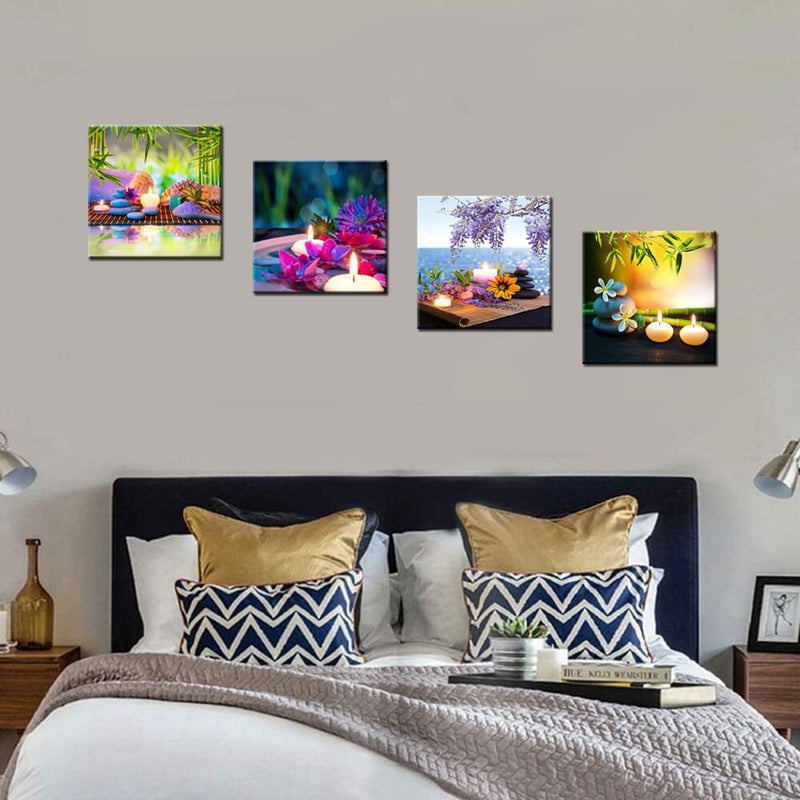 iHAPPYWALL Canvas Prints Zen Art Wall Decor Spa Massage Treatment Painting Picture Orchid Flower Frangipani Bamboo Flaming Candle Print On Canvas 4 Panel Ready to Hang 12''x12''x4pcs - Image 3